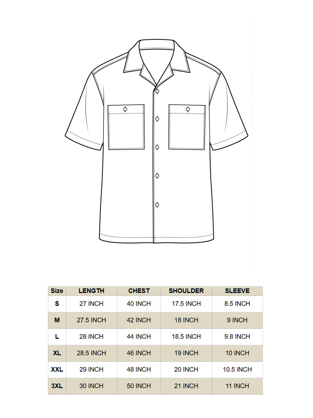 Size chart for the Sukoon beige cotton shirt for men with length, chest, shoulder and sleeve in inches