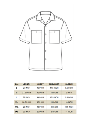 Size chart for the Sukoon beige cotton shirt for men with length, chest, shoulder and sleeve in inches
