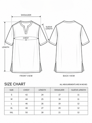 Raya Kurta size chart with S to XXL chest, length, shoulder and sleeve measurements in inches