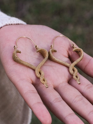 Both Brahman brass serpent drop earrings laid in an open palm against a blurred outdoor backdrop, showing the matched pair