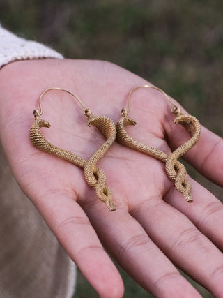 Both Brahman brass serpent drop earrings laid in an open palm against a blurred outdoor backdrop, showing the matched pair