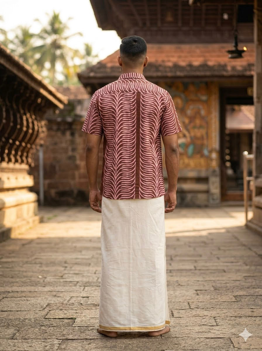 Back view of the brown hand block print shirt for men, fern panels split by a solid brown centre strip