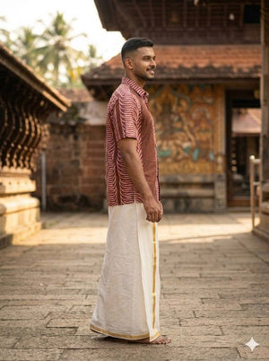 Side profile of the brown hand block print cotton shirt for men, dusty-rose fern linework along the sleeve and body