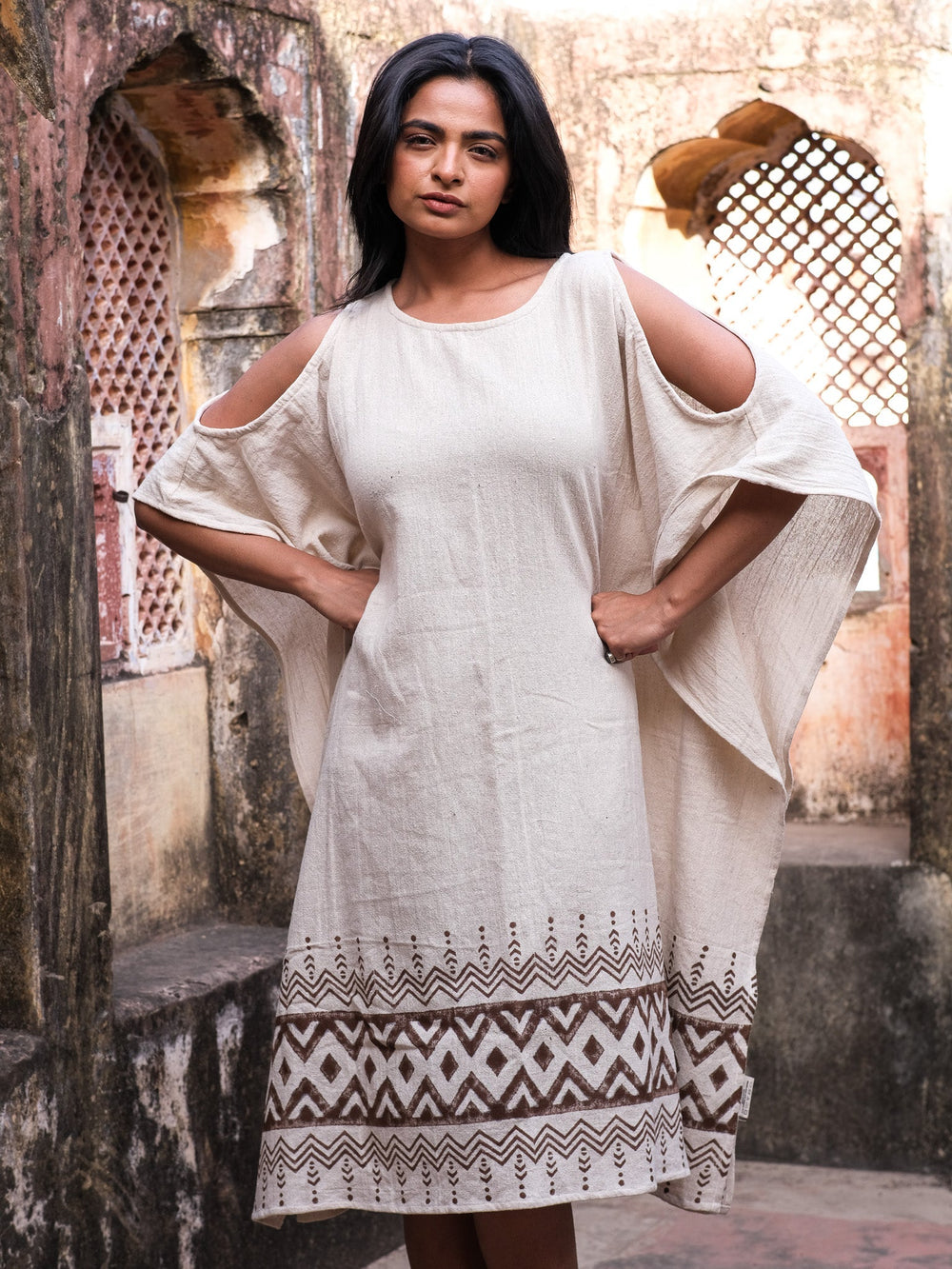 Chandra Kaftan natural cotton jute kaftan front view, cold shoulder sleeves, brown geometric block print hem