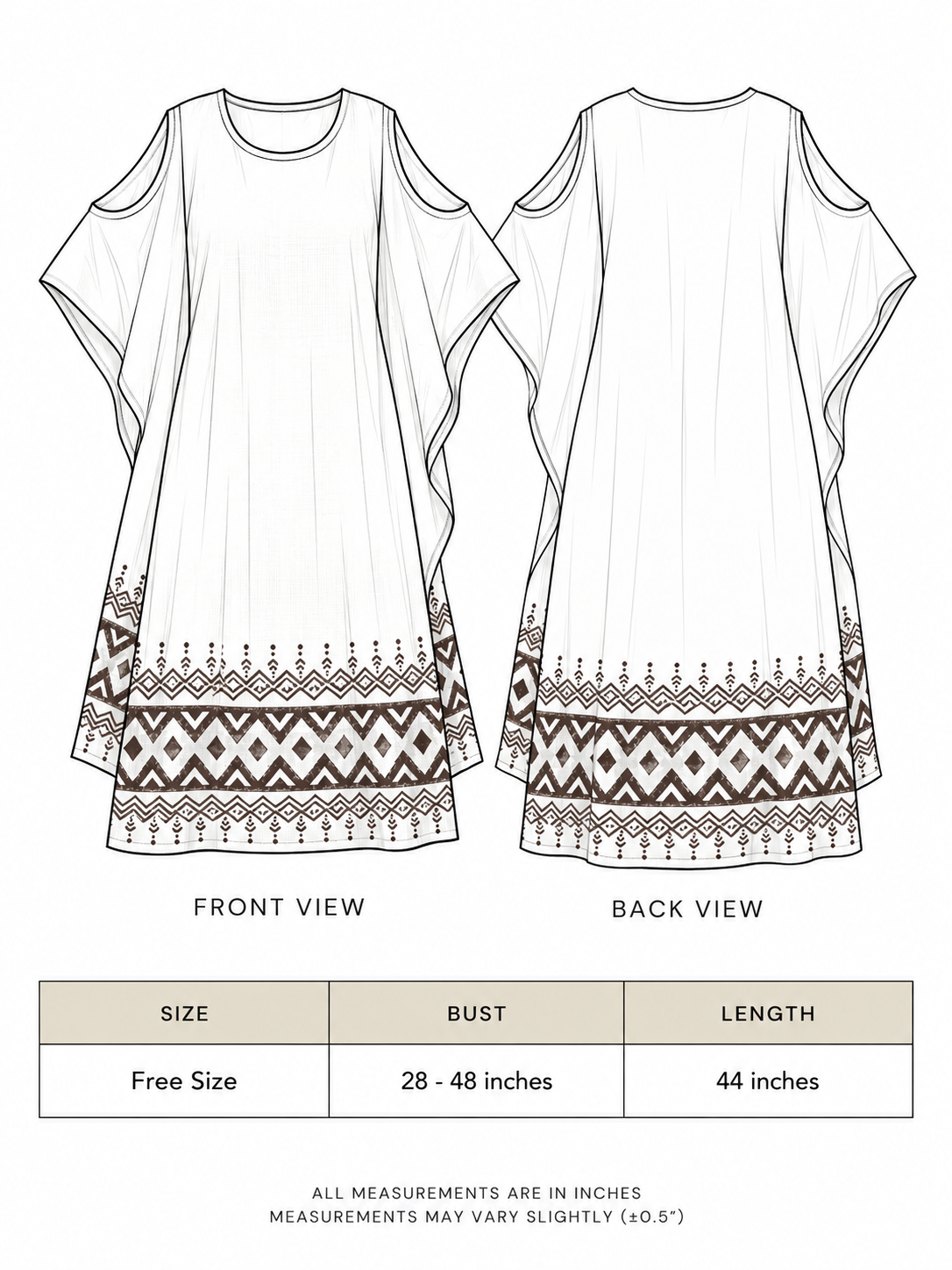 Chandra Kaftan size chart showing free size, bust 28 to 48 inches and length 44 inches, front and back views