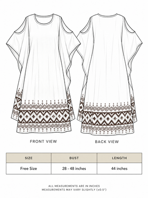 Chandra Kaftan size chart showing free size, bust 28 to 48 inches and length 44 inches, front and back views