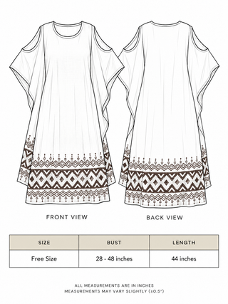 Chandra Kaftan size chart showing free size, bust 28 to 48 inches and length 44 inches, front and back views