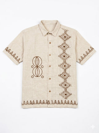 Aruvan cream tribal print cotton shirt for men, flat lay view