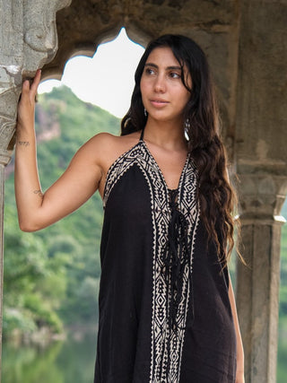 Black Devi Maxi Dress printed halter panel, stone archway