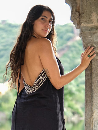 Black Devi Maxi Dress open back with embroidered panel, stone archway