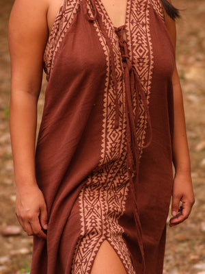 Rust brown Devi Maxi Dress close up of embroidered halter bodice