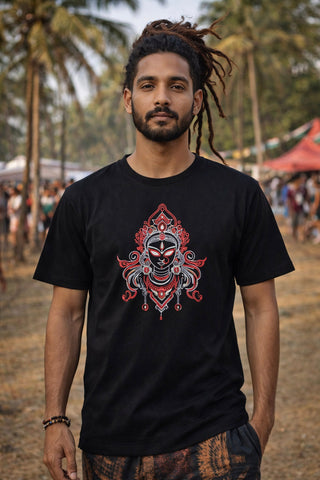 Devi UV reactive t-shirt flat-lay on white showing the four-armed Devi print in magenta, cyan and purple