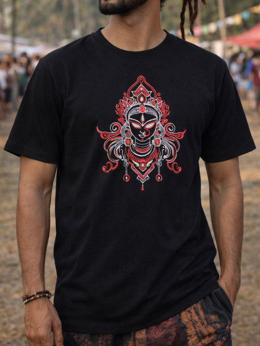 Devi UV reactive t-shirt worn by a model, waist-up, showing the full goddess chest print