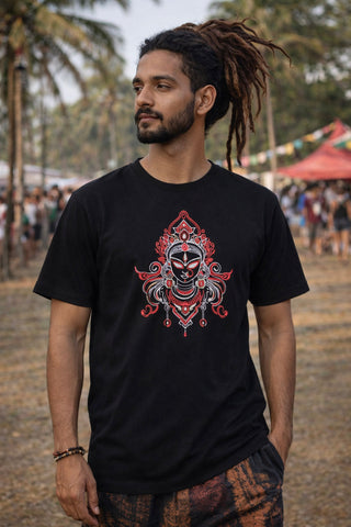 Close-up of the Devi UV reactive print, magenta cyan and purple deity line-art on a black tee