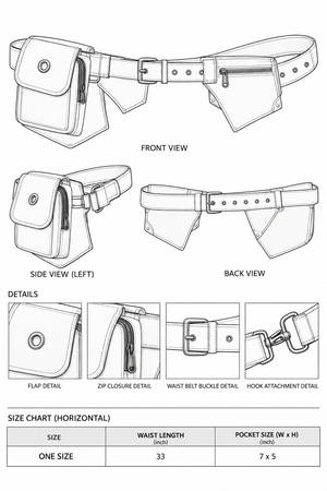 Dhaar Festival Bag size chart showing front, side and back views, detail callouts and one size 33 inch waist length