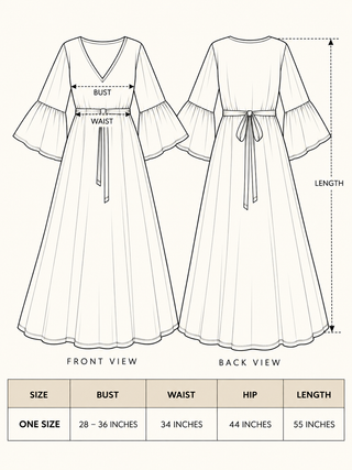 Dhaara Maxi Dress size chart with front and back line drawings and one size measurements