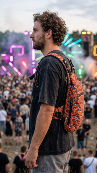 Drishti Ninja backpack worn through a concert crowd, orange evil-eye print cotton seen from the side