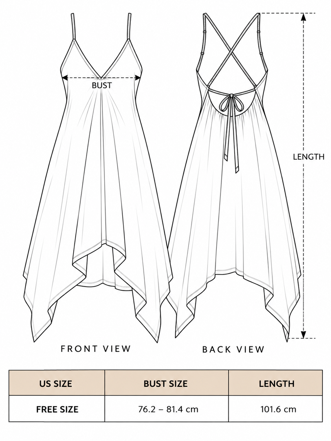 Dumati Dress free size chart with front and back views showing bust 76.2 to 81.4 cm and length 101.6 cm measurements