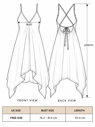 Dumati Dress free size chart with front and back views showing bust 76.2 to 81.4 cm and length 101.6 cm measurements