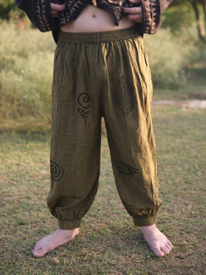 Olive green hand printed cotton harem jogger pants with tribal leaf and spiral motifs