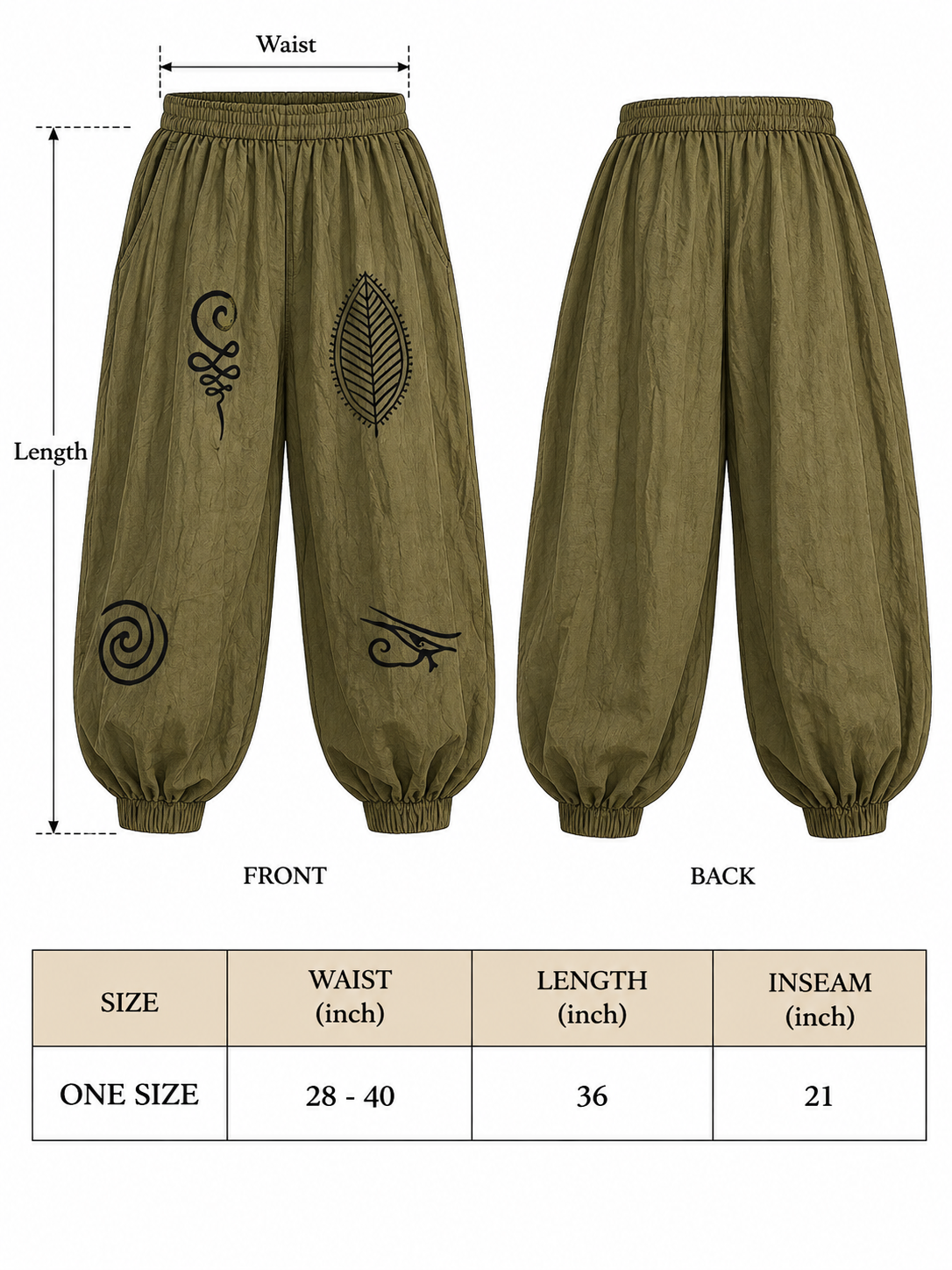 Earthbound harem pants size chart for one size: waist 28 to 40 inch, length 36 inch, inseam 21 inch