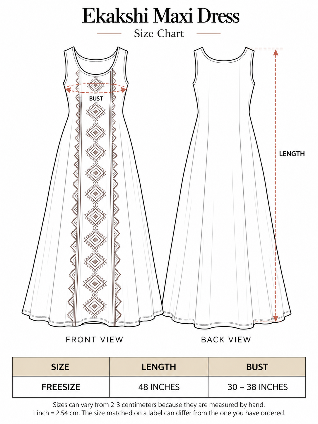 Ekakshi Maxi Dress size chart: free size, bust 30 to 38 inches, length 48 inches