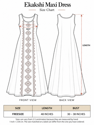 Ekakshi Maxi Dress size chart: free size, bust 30 to 38 inches, length 48 inches