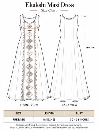 Ekakshi Maxi Dress size chart: free size, bust 30 to 38 inches, length 48 inches