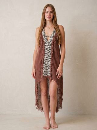 Elementos Dress in brown cotton, halter neck, tribal panel, asymmetric fringe hem, studio front view