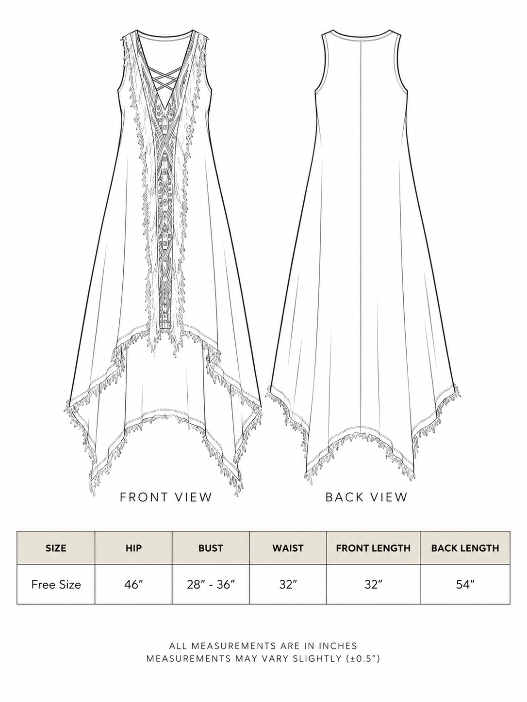 Size chart: front and back views with Free Size hip, bust, waist and length measurements