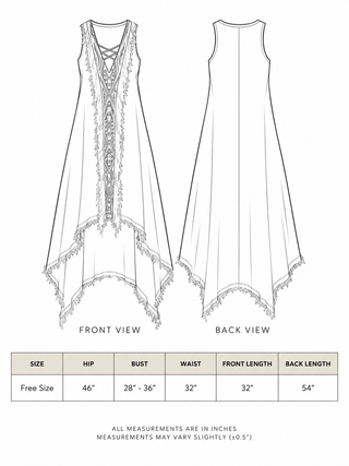 Size chart: front and back views with Free Size hip, bust, waist and length measurements