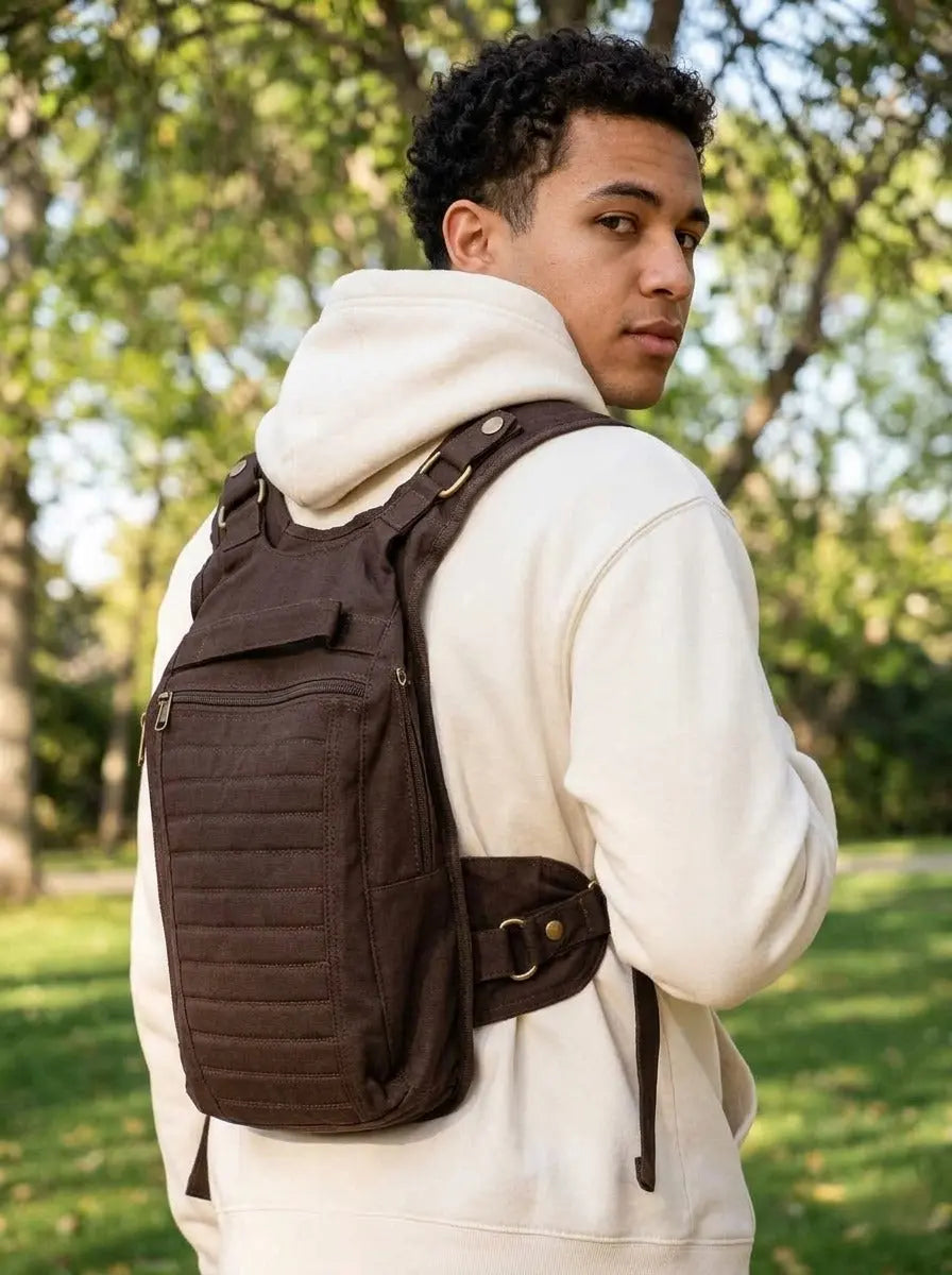 Dark brown cotton canvas harness bag on the back in a park, model in a cream hoodie looking over his shoulder