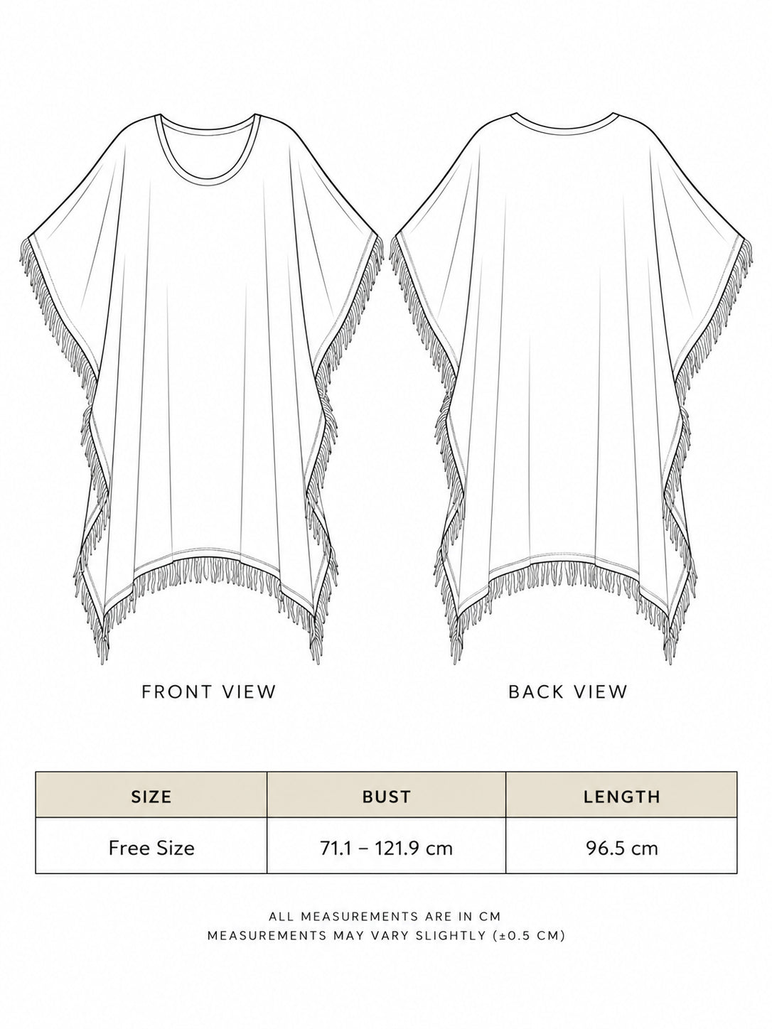 Esha Kaftan size chart, free size bust 71.1-121.9 cm and length 96.5 cm