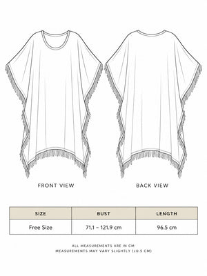Esha Kaftan size chart, free size bust 71.1-121.9 cm and length 96.5 cm