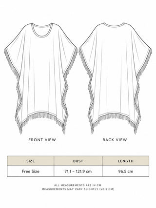 Esha Kaftan size chart, free size bust 71.1-121.9 cm and length 96.5 cm
