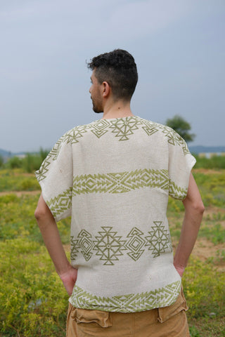 Back view of the Gaayu Kurta showing the olive green geometric print bands across shoulders and lower back