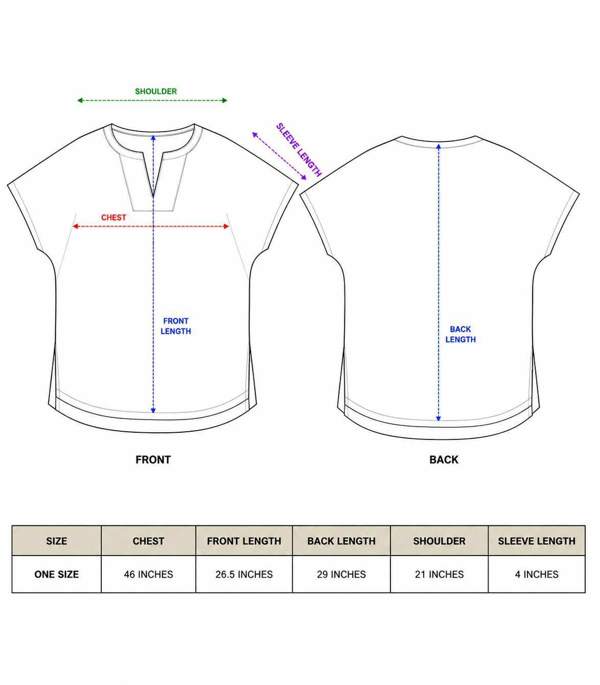 Gaayu Kurta one size chart with chest, front length, back length, shoulder and sleeve measurements