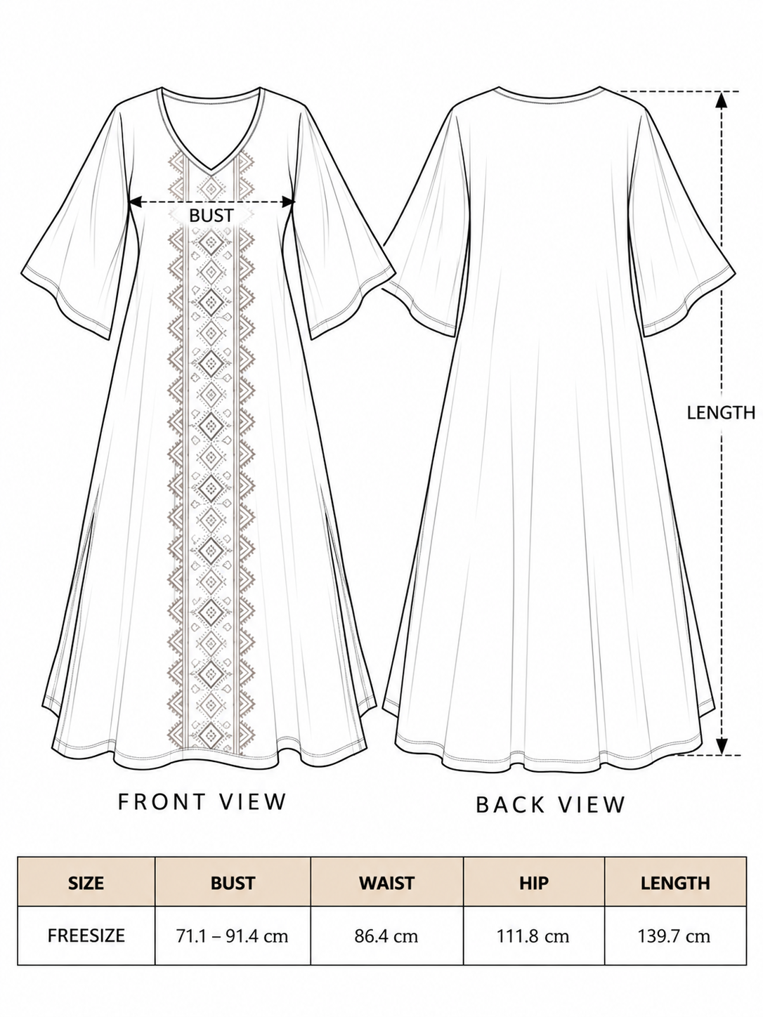 Garga Dress size chart: free size with bust 71.1-91.4 cm, waist 86.4 cm, hip 111.8 cm and length 139.7 cm