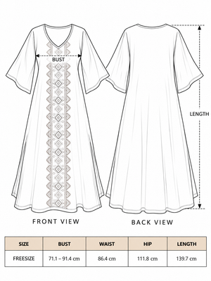 Garga Dress size chart: free size with bust 71.1-91.4 cm, waist 86.4 cm, hip 111.8 cm and length 139.7 cm