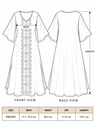 Garga Dress size chart: free size with bust 71.1-91.4 cm, waist 86.4 cm, hip 111.8 cm and length 139.7 cm