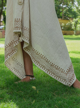 Close-up of the Gauri Maxi Dress handkerchief hem, showing the brown handblock geometric border print