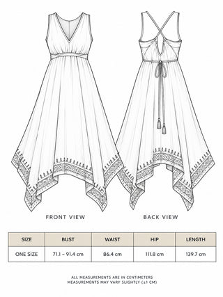 Gauri Maxi Dress size chart with front and back views and one size measurements for bust, waist, hip and length
