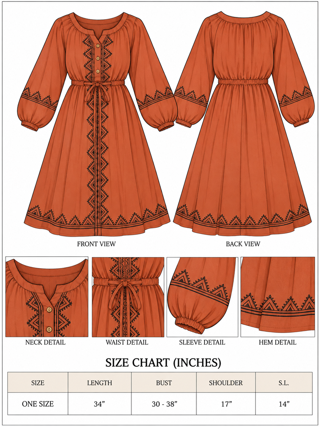 Gerua Dress one-size chart with measurements beside front and back views and neckline, waist, sleeve and hem details