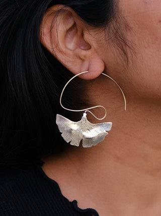 silver and brass hoop ginkgo leaf earring  