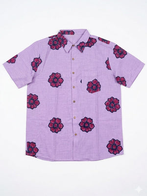 Close flat view of the Gul purple floral print cotton shirt for men with pink and ink-blue blooms