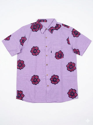 Close flat view of the Gul purple floral print cotton shirt for men with pink and ink-blue blooms