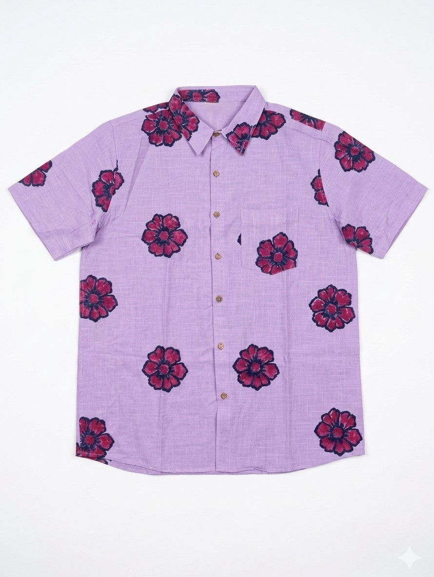 Close flat view of the Gul purple floral print cotton shirt for men with pink and ink-blue blooms