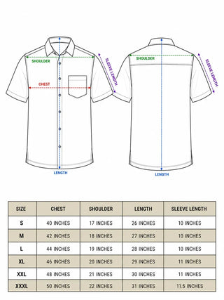Gul Shirt size chart for men with chest, shoulder, length and sleeve measurements from S to XXXL