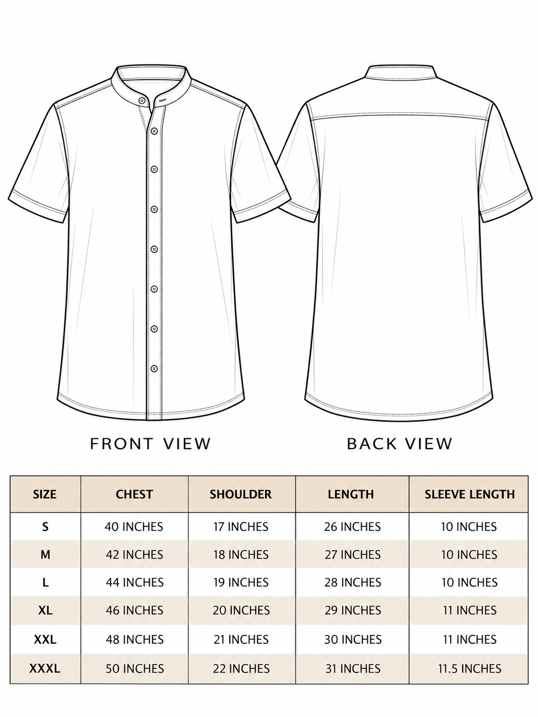 Gulrez Shirt size chart S to XXXL, chest 40-50 in, shoulder 17-22 in, length 26-31 in, sleeve 10-11.5 in
