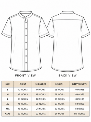 Gulrez Shirt size chart S to XXXL, chest 40-50 in, shoulder 17-22 in, length 26-31 in, sleeve 10-11.5 in